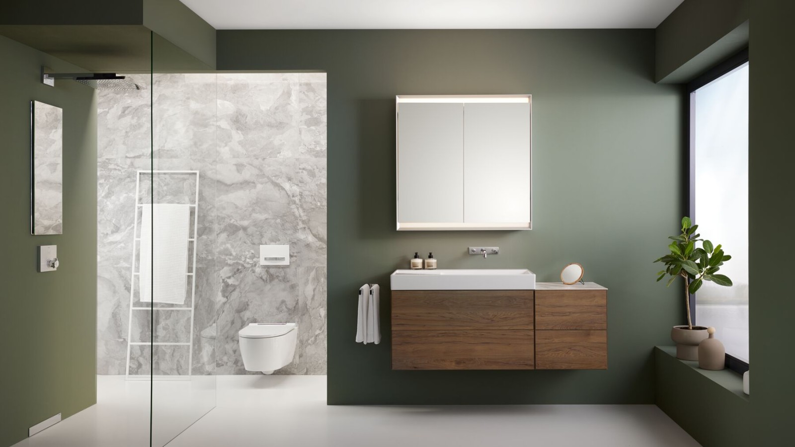 Geberit ONE mobilyalı, seramikli ve duvar süzgeçli geniş banyo