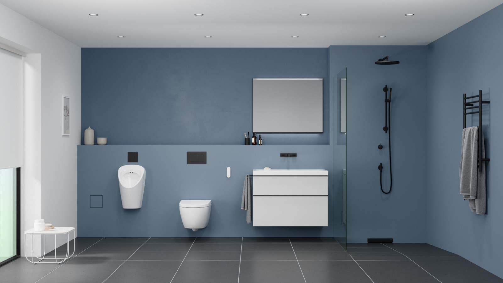 Bathroom with urinal, WC, washbasin and shower Bathroom with urinal, WC, washbasin and shower