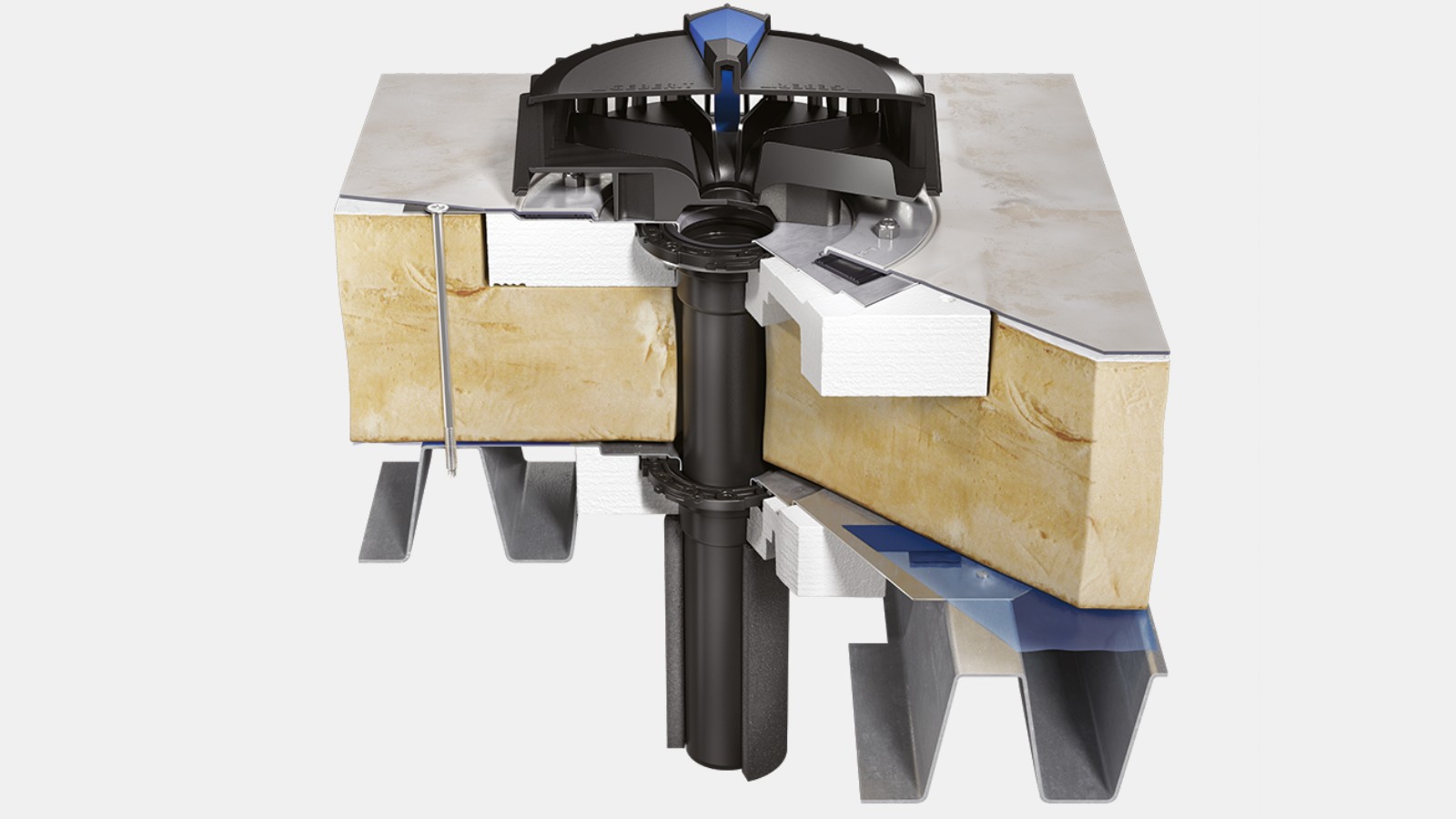 Buhar bariyeri bağlantısı ve çatı izolasyon folyolu Geberit Pluvia süzgeci Buhar bariyeri bağlantısı ve çatı izolasyon folyolu Geberit Pluvia süzgeci