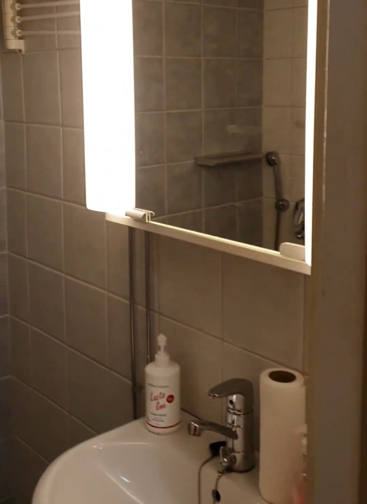 Aynalı dolap ve lavaboya sahip küçük banyonun önceki hali (© Meja Hynynen)