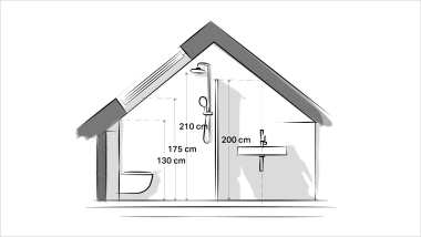 Çatı katında en uygun yüksekliklerin ayrıntılarını içeren kabataslak banyo