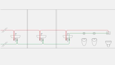 Duvar montaj kutusuna entegre Geberit hijyenik yıkama sistemi ile zaman kontrolü için içme suyu boru tesisatı örneği