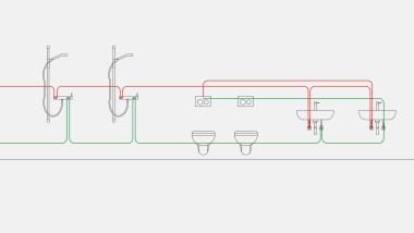 Duvar montaj kutusuna entegre Geberit hijyenik yıkama sistemi ile aralık kontrolü için içme suyu boru tesisatı örneği