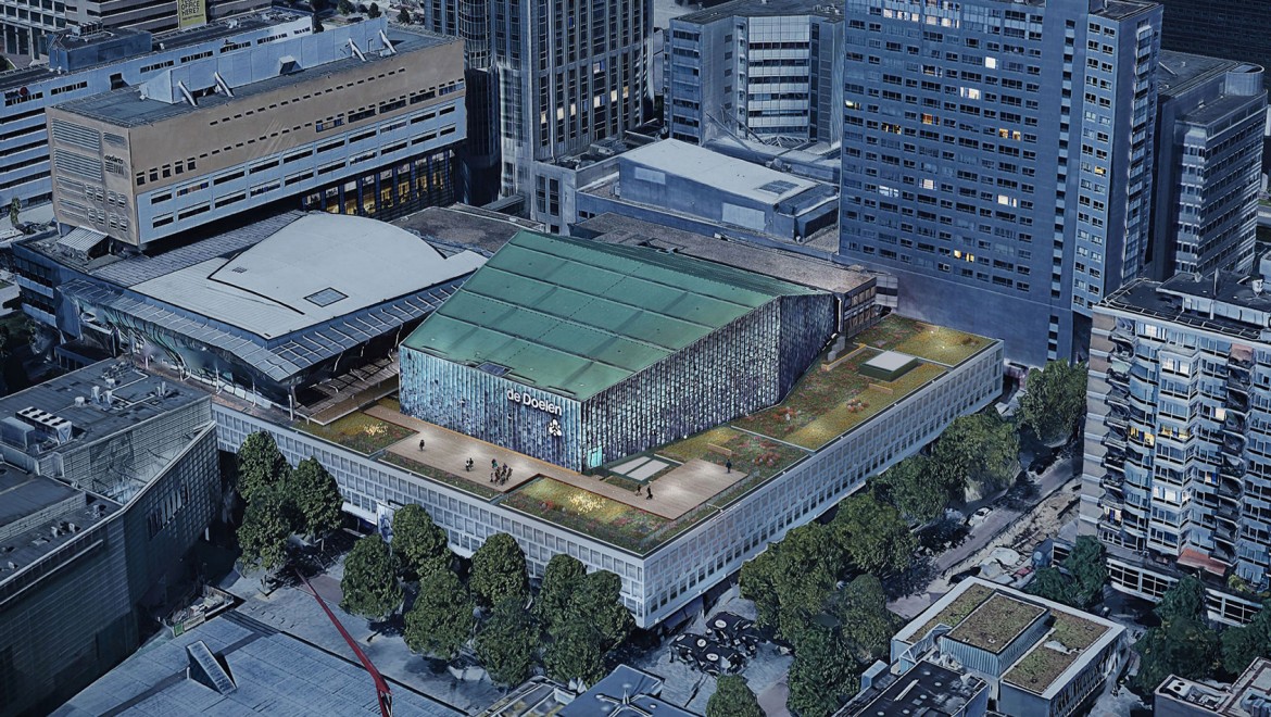 Düz çatı 2500 m²'nin üzerindedir ve büyük konser salonunun bakır çatısını çevrelemektedir (© Plotvis and Kraaijvanger Architecten) Düz çatı 2500 m²'nin üzerindedir ve büyük konser salonunun bakır çatısını çevrelemektedir (© Plotvis and Kraaijvanger Architecten)