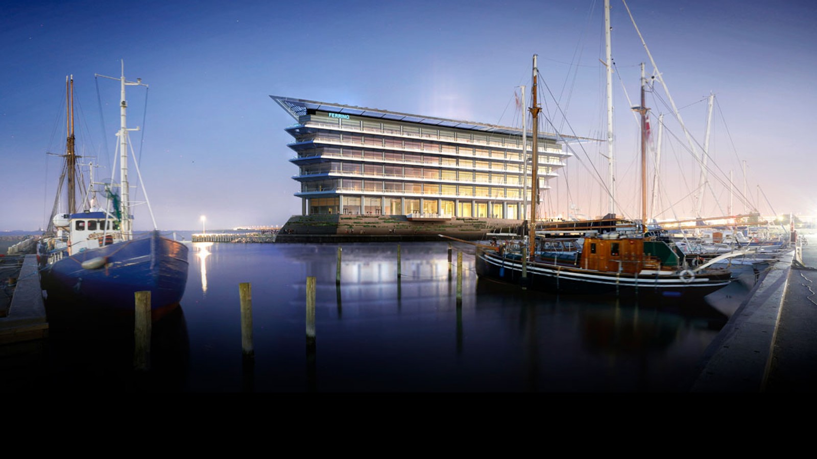 Ferring Pharmaceuticals'ın yeni merkezi Kopenhag ile Malmö arasındaki deniz geçişinin muhteşem manzarasına sahiptir (©Foster&Partners)