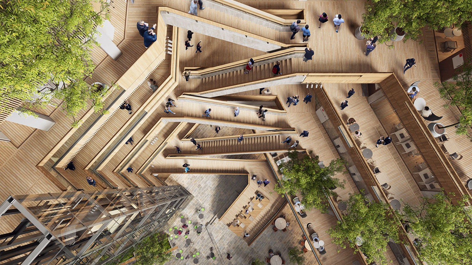 Yeni genel merkezinde kalbinde, etrafında üst katlara çıkan merdivenlerin ve asansörlerin yer aldığı bir iç avlu olan atriyum bulunmaktadır (©Foster&Partners)