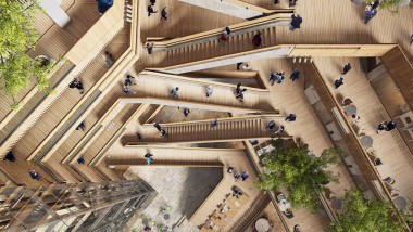 Yeni genel merkezinde kalbinde, etrafında üst katlara çıkan merdivenlerin ve asansörlerin yer aldığı bir iç avlu olan atriyum bulunmaktadır (©Foster&Partners)