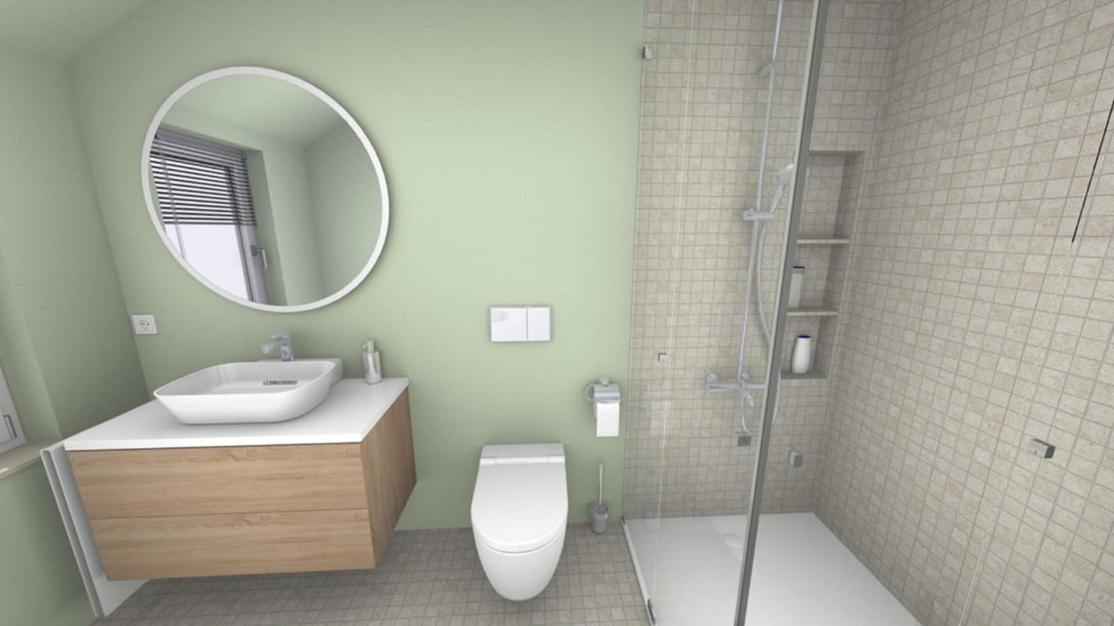 “Yeşil banyo” adı verilen banyoda; Geberit ONE mobilya, Sigma70 kumanda kapağı, AquaClean Sela akıllı klozet bulunmaktadır. (© Geberit) “Yeşil banyo” adı verilen banyoda; Geberit ONE mobilya, Sigma70 kumanda kapağı, AquaClean Sela akıllı klozet bulunmaktadır. (© Geberit)