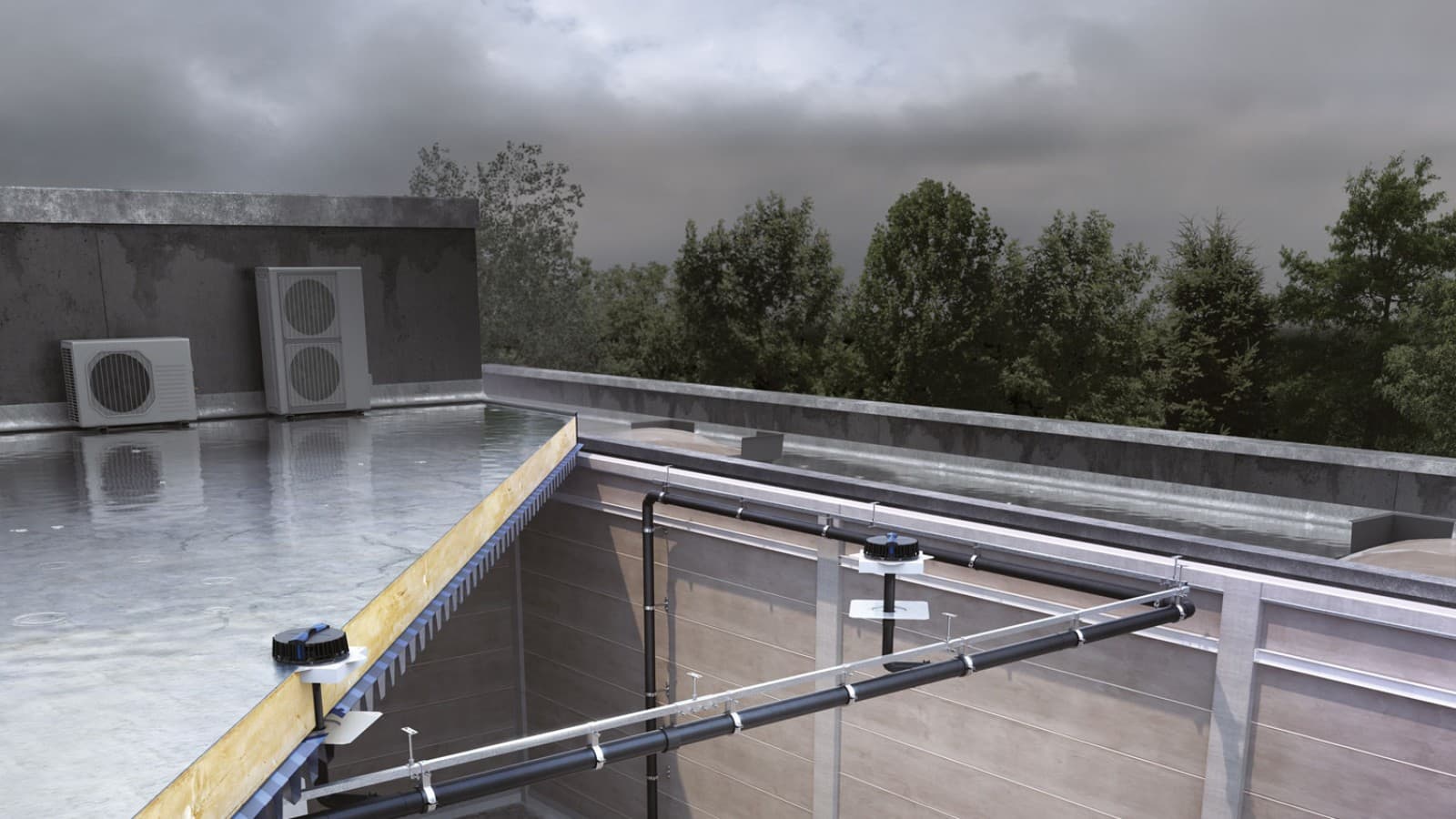 Pluvia çatı drenaj sistemi, nispeten az sayıda giriş elemanı ile üç kuleyi de tahliye edebilir (© Geberit) Pluvia çatı drenaj sistemi, nispeten az sayıda giriş elemanı ile üç kuleyi de tahliye edebilir (© Geberit)