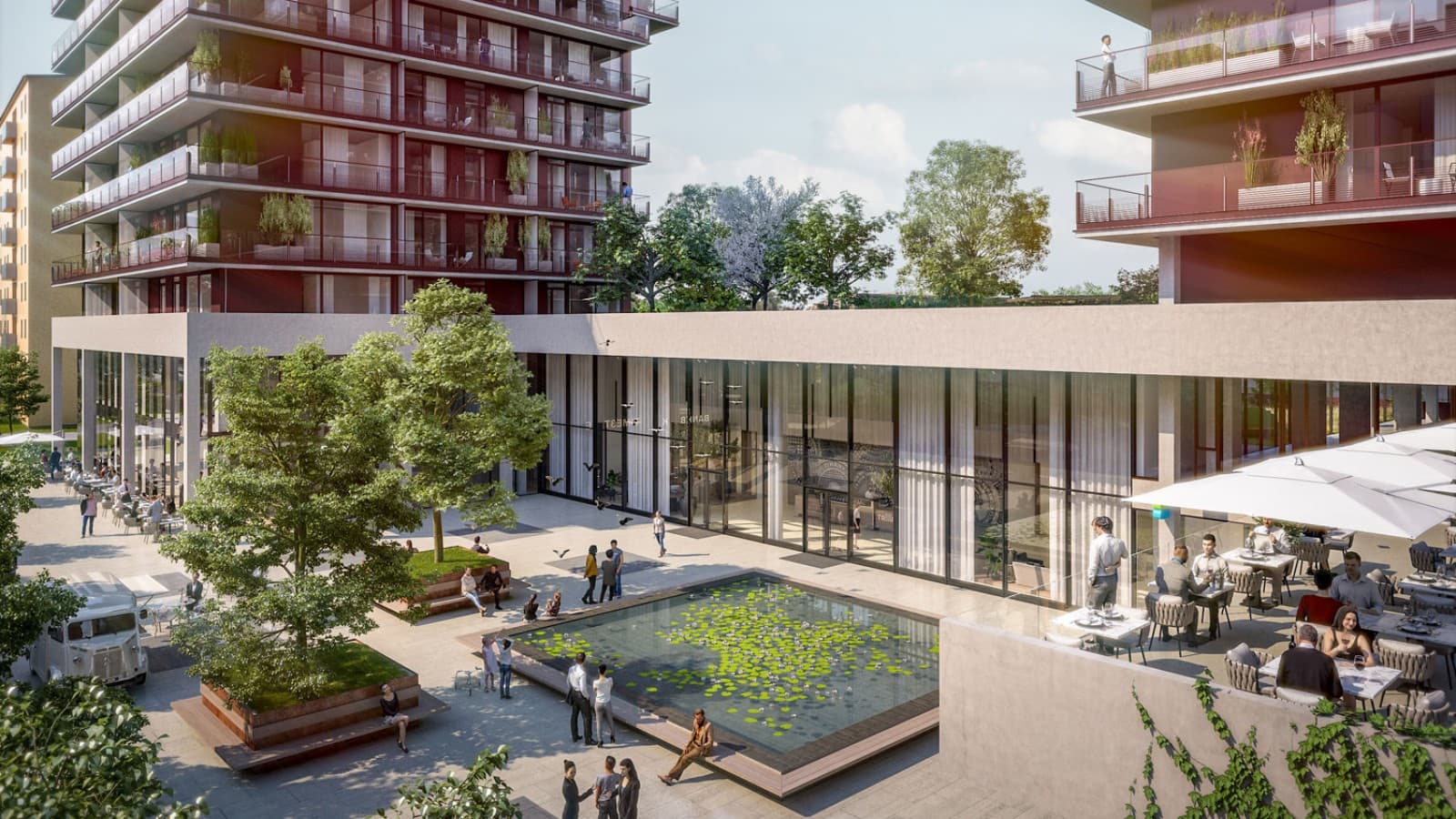 Zemin katta, üç kule birbirine bağlanmıştır (© Soravia) Zemin katta, üç kule birbirine bağlanmıştır (© Soravia)