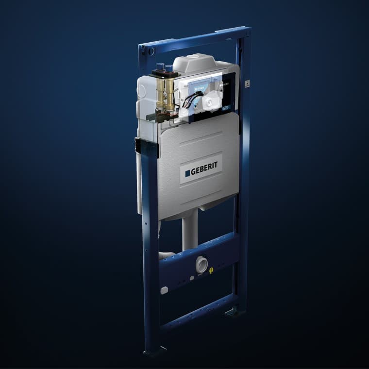 Entegre hijyen deşarj üniteli Geberit Sigma gömme rezervuar. Entegre hijyen deşarj üniteli Geberit Sigma gömme rezervuar.